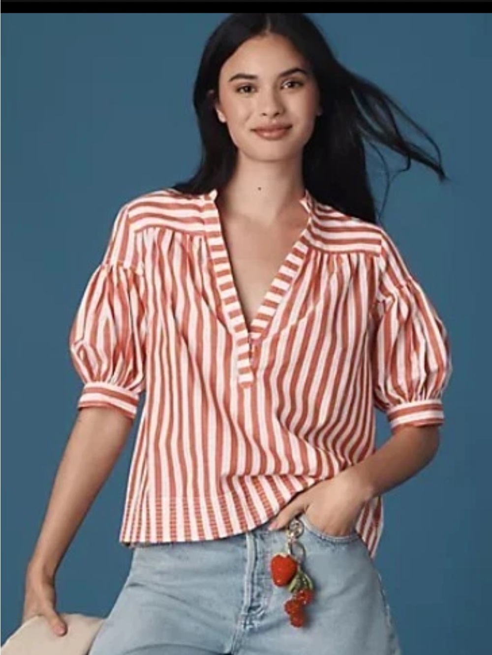 Anthropologie Puff short sleeve cotton Darcy popover, red white stripe XS RARE